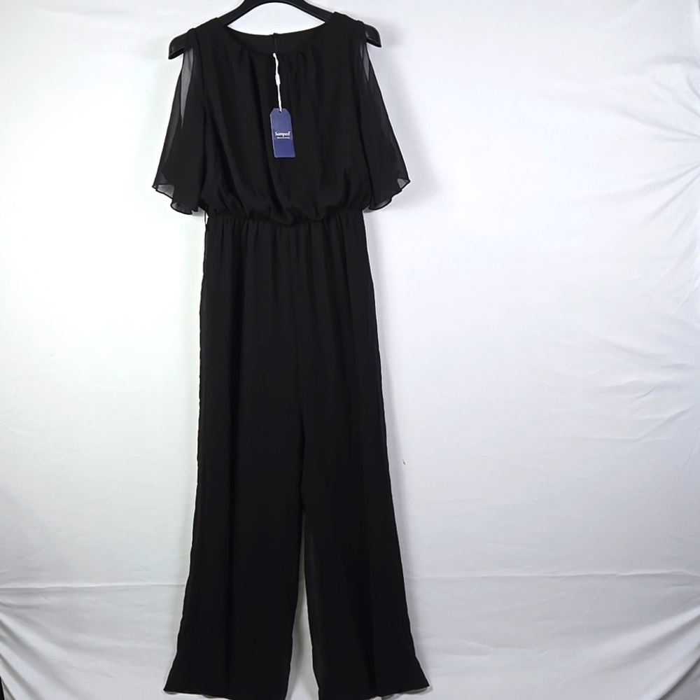 Sampeel Women's Chiffon‎ Flutter Sleeve, Pants Jumpsuit, Black Sz S NWT Workwear